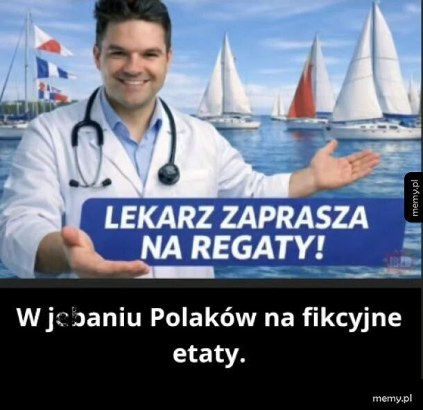 Mężczyzna w białym fartuchu lekarskim z uśmiechem, zaprasza na regaty.