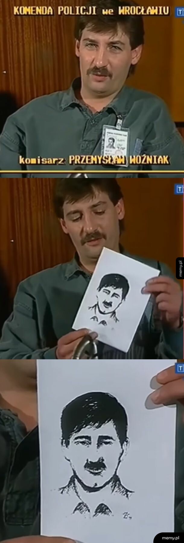 Mężczyzna z wąsami trzyma rysunek w stylu szkicu.