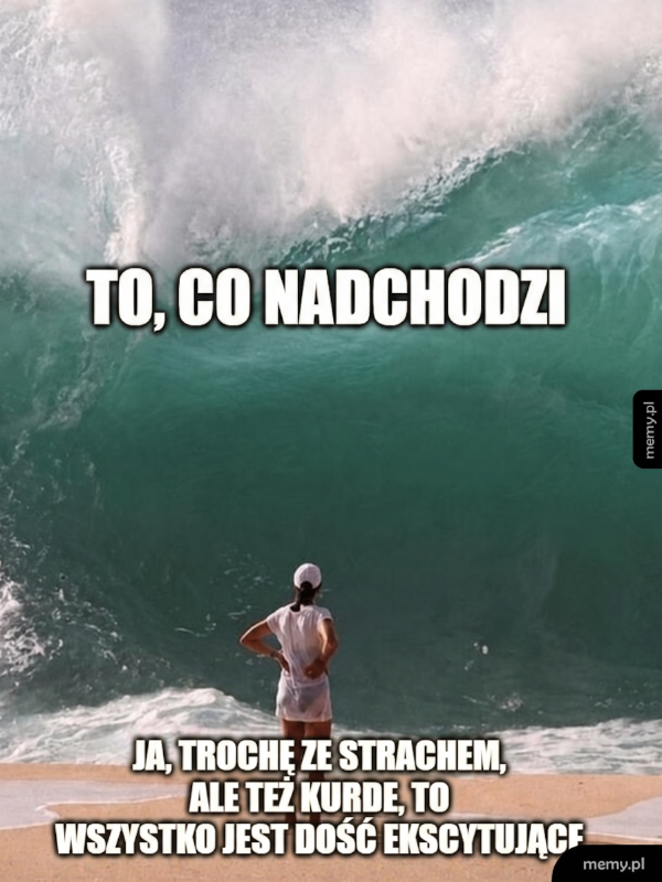 Osoba stojąca na plaży przed ogromną falą.