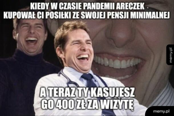 Mężczyzna w białym fartuchu śmieje się, obok inny mężczyzna z szerokim uśmiechem.