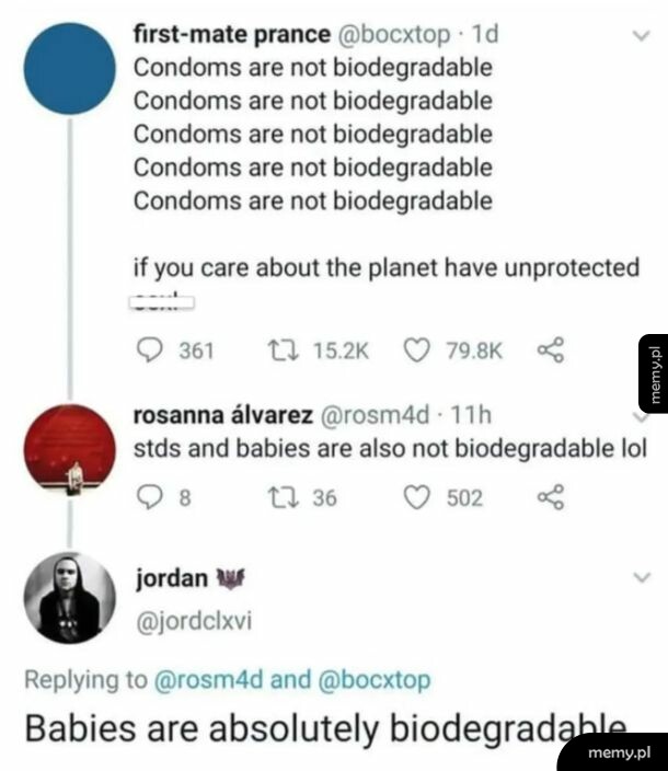 Wpisy na Twitterze dotyczące biodegradowalności prezerwatyw i komentarz o dzieciach.