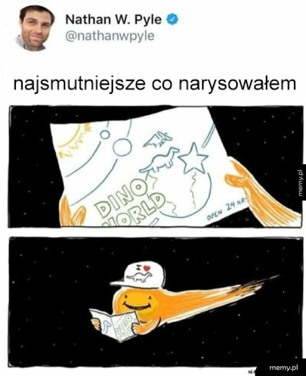 Rysunek przedstawiający smutnego stwora trzymającego książkę o dinozaurach.