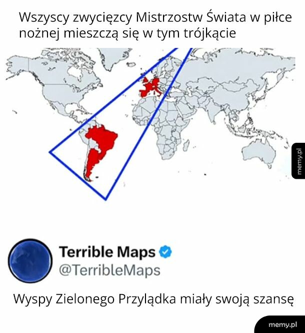Mapa świata z zaznaczonym trójkątem obejmującym Amerykę Południową.