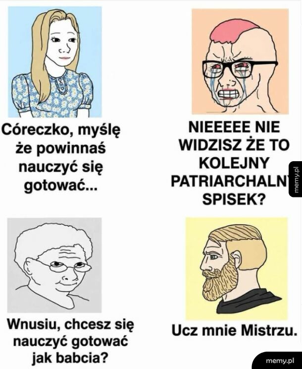 Cztery postacie rozmawiające o gotowaniu, z różnymi emocjami.