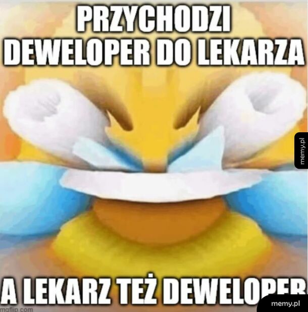 Kreskówkowa postać z szerokim uśmiechem, trzymająca narzędzia.