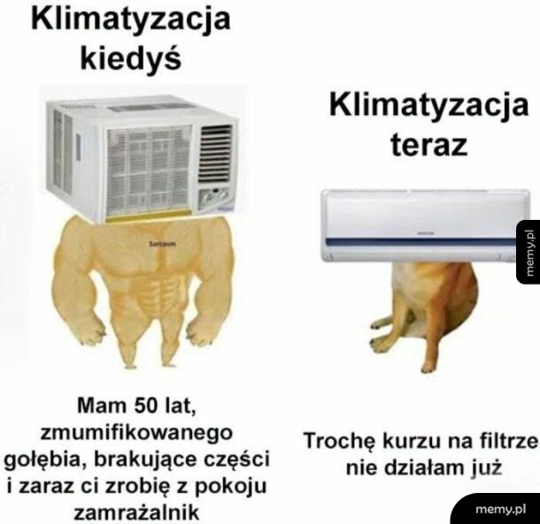Klimatyzator z muskulaturą i głową psa, porównanie klimatyzacji z przeszłości i teraźniejszości.