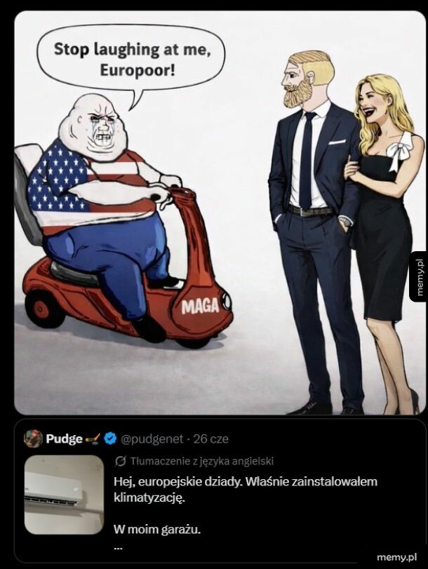 Mężczyzna w koszulce z flagą USA na skuterze, obok dwóch osób w eleganckich ubraniach.
