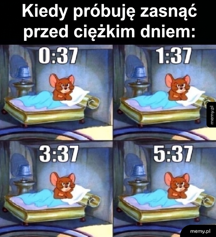 Jerry leży w łóżku, próbując zasnąć, z zegarami pokazującymi różne godziny.