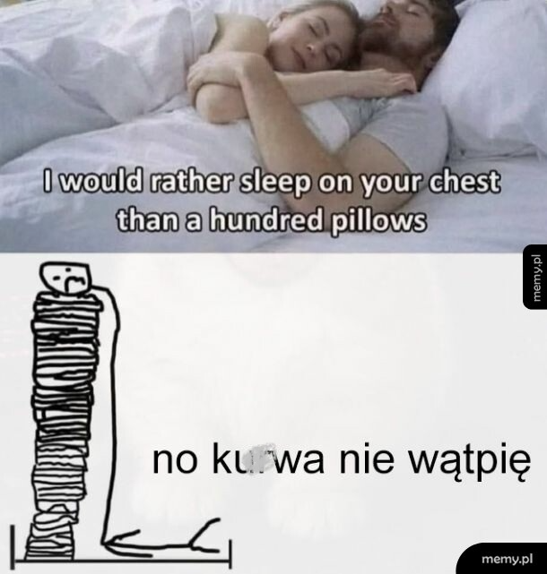 Para leży w łóżku, mężczyzna mówi o preferencji spania na klatce piersiowej.