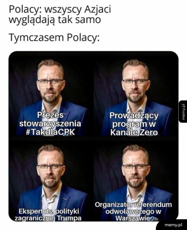 Cztery zdjęcia mężczyzny w okularach, w różnych rolach.