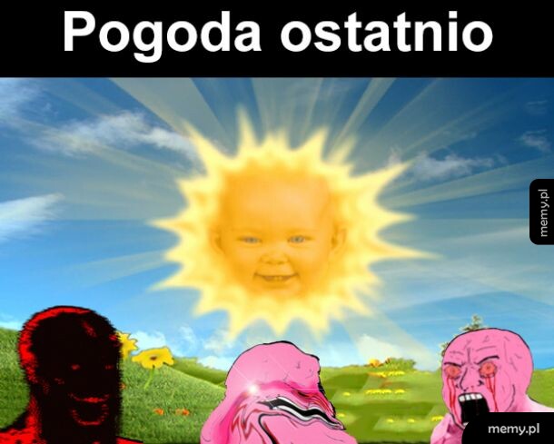 Słoneczny krajobraz z twarzą dziecka w słońcu i postaciami wyrażającymi emocje.