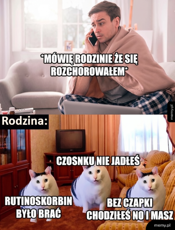 Mężczyzna w kocu rozmawia przez telefon, obok trzy koty z tekstem.