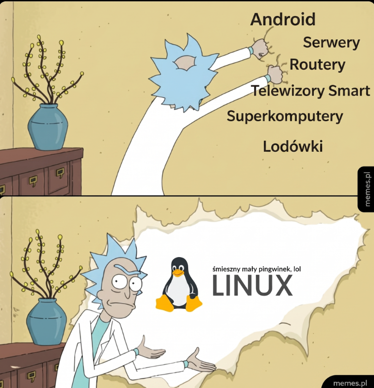 Rick zrywa tapetę, odkrywając logo Linuxa.