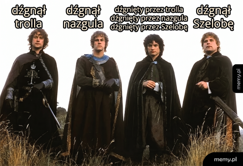Czterech mężczyzn w pelerynach na tle krajobrazu.