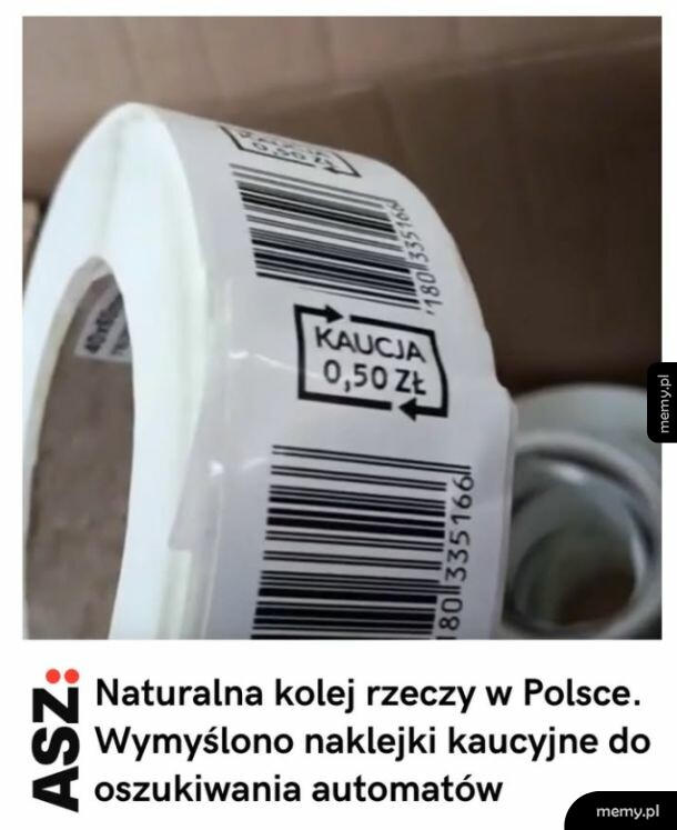 Biała taśma z kodem kreskowym i napisem 'KAUCJA 0,50 zł'.