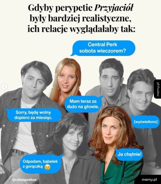 Grupa pięciu osób rozmawia w stylu komiksowym, z dymkami tekstowymi.