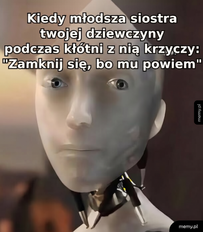 Robot z wyrazem twarzy, przypominającym zaskoczenie lub zmartwienie.