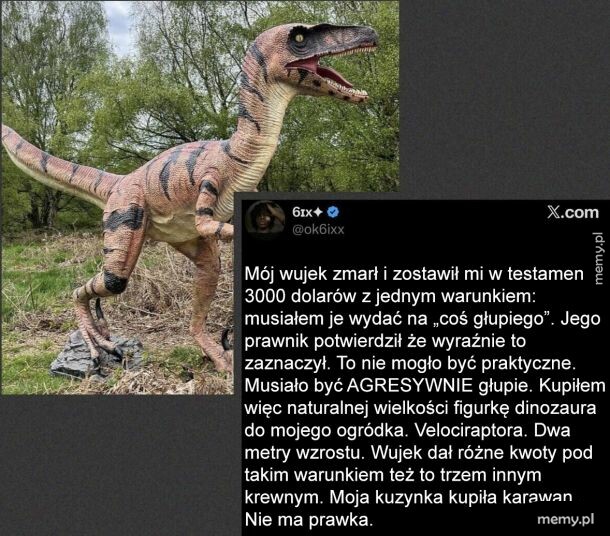 Model dinozaura w plenerze, z tekstem na tle.