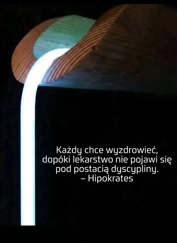 Lampa z neonowym światłem i drewnianym kloszem.