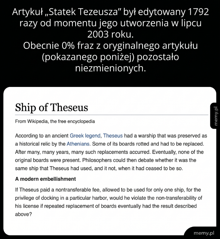 Tekst na tle z informacjami o Artykule Tezeusza i jego historii.