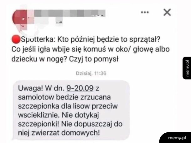 Zrzut ekranu z komunikatem o zrzucaniu szczepionek dla lisów i obawami komentującej.