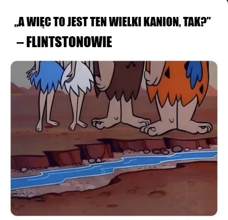 Postacie z kreskówki stoją nad rzeką w kanionie.