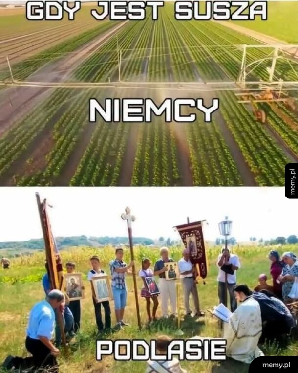 Widok na pola uprawne oraz grupę ludzi modlących się w polu.