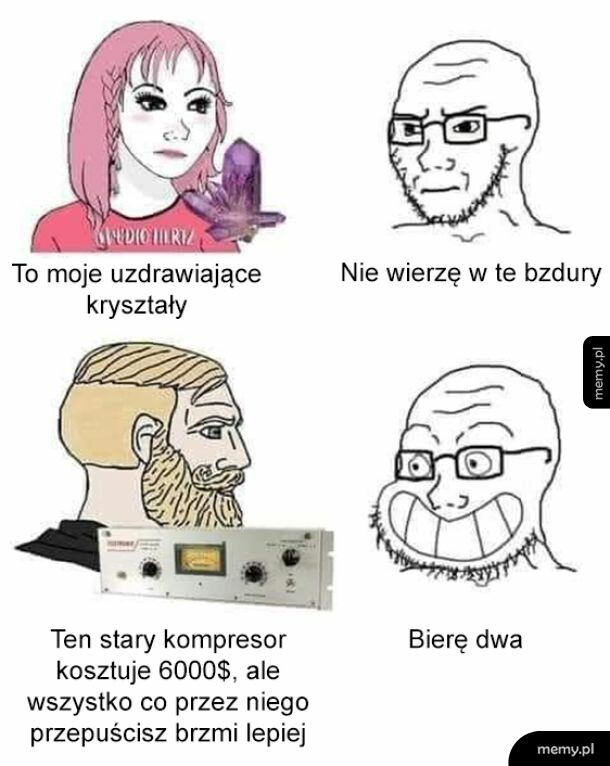 Kobieta z kryształami, mężczyzna z kompresorem, absurdalne porównania.