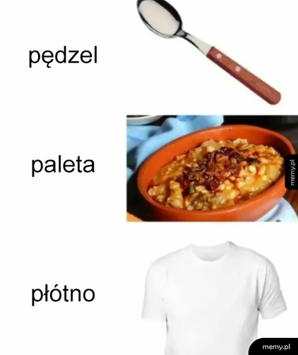 Łyżka, danie w misce, biała koszulka.