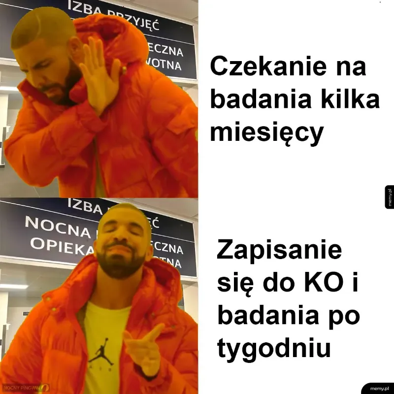 Mężczyzna w czerwonym płaszczu odrzuca coś ręką, a następnie uśmiecha się.