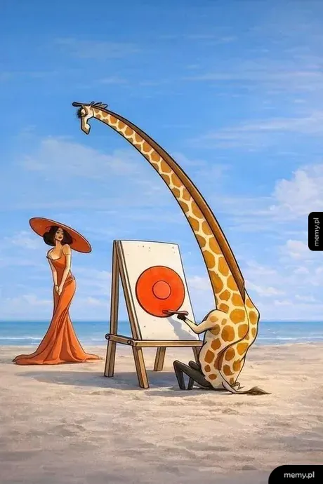 Giraffe painting a target on a beach with a woman in a red dress watching.