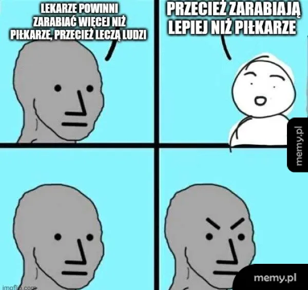 Postacie rozmawiające o zarobkach lekarzy i piłkarzy.