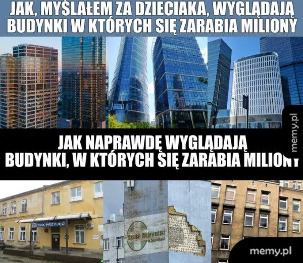 Dwa zestawienia budynków: nowoczesne wieżowce i zaniedbane budynki.