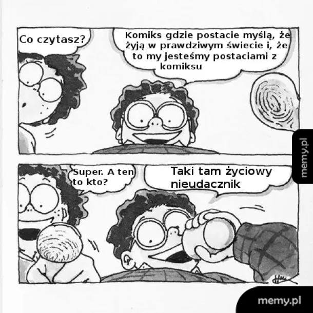 Dwóch chłopców rozmawia o komiksach i postaciach w nich.