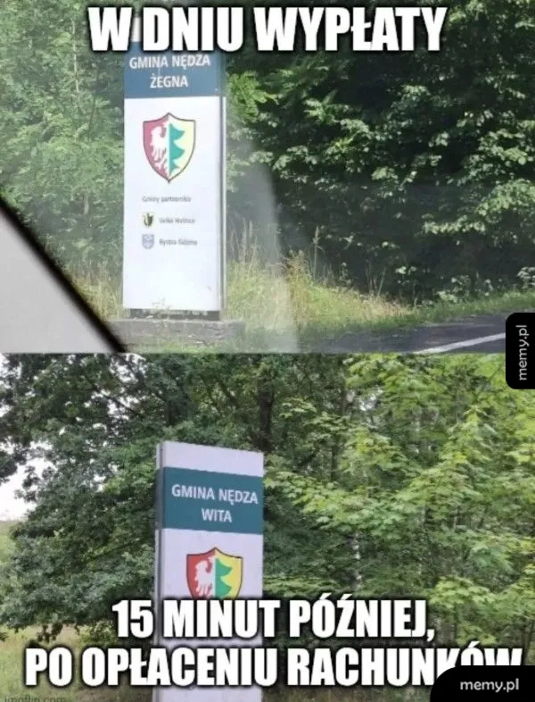 Dwa znaki drogowe z tekstem o wypłatach i opłaceniu rachunków.