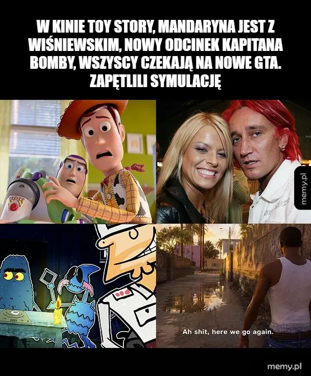 Kolaż z postaciami z Toy Story, celebrytami i sceną z gry.