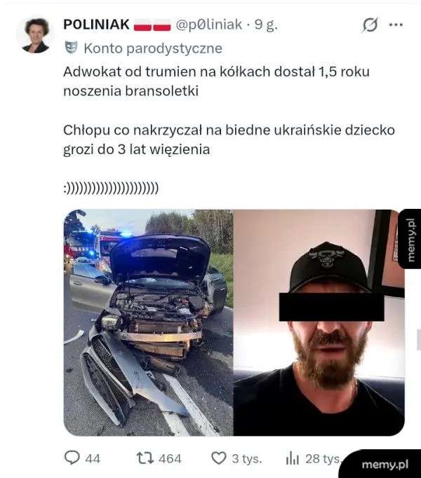 Zniszczony samochód i mężczyzna z zamaskowaną twarzą.