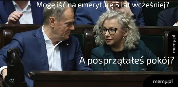 Dwoje ludzi rozmawia w parlamencie, jedno z nich pyta o sprzątanie.