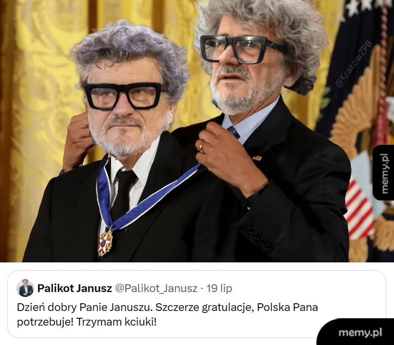 Dwie postacie z dużymi głowami i okularami w eleganckich ubraniach.