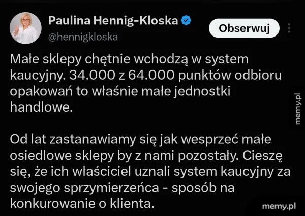 Tweet o systemie kaucyjnym i wsparciu dla małych sklepów.