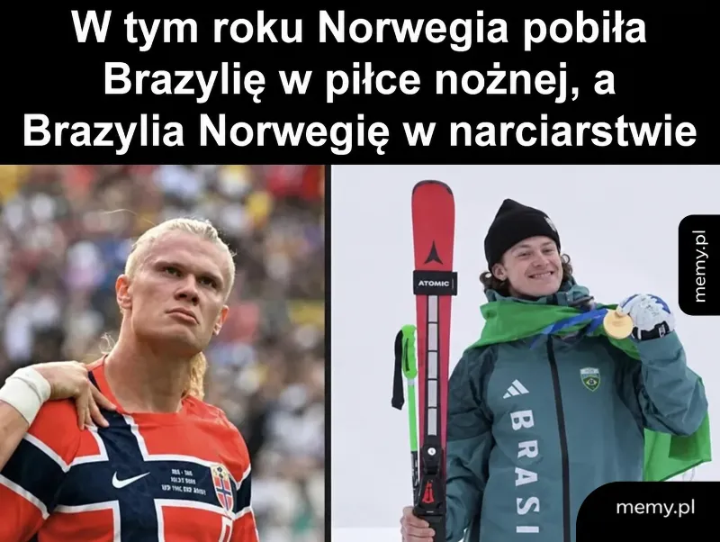 Mężczyzna w koszulce Norwegii i sportowiec w zielono-żółtej odzieży.
