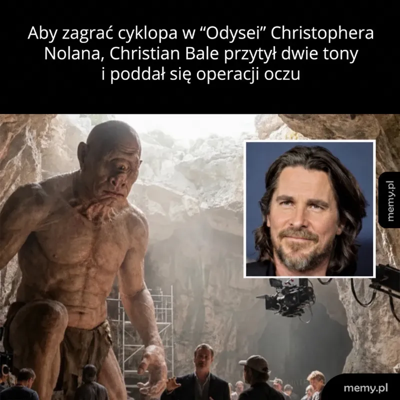 Postać cyklopa w jaskini obok zdjęcia Christiana Bale'a.