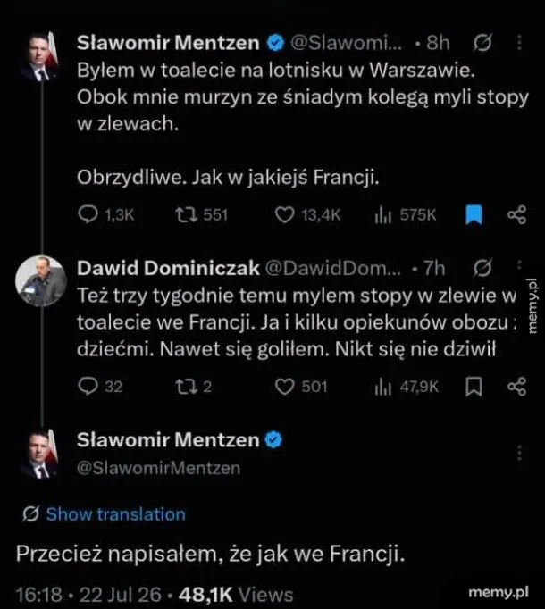Dyskusja na Twitterze dotycząca sytuacji w Warszawie i Francji.