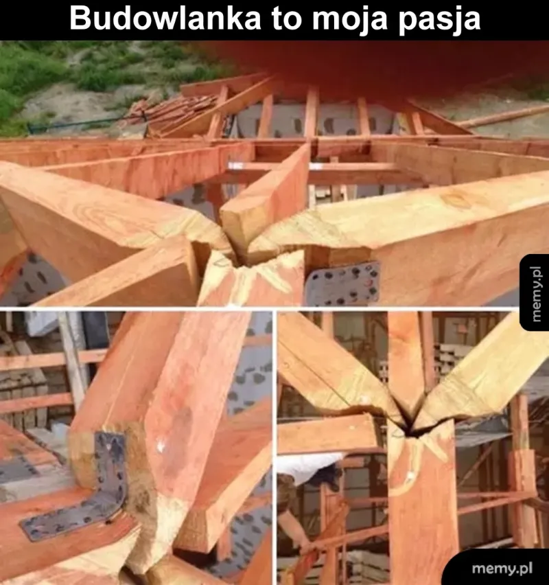 Zbliżenie na drewniane elementy konstrukcyjne z widocznymi łączeniami.