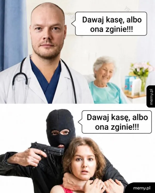 Mężczyzna w białym fartuchu i zamaskowany napastnik z bronią.