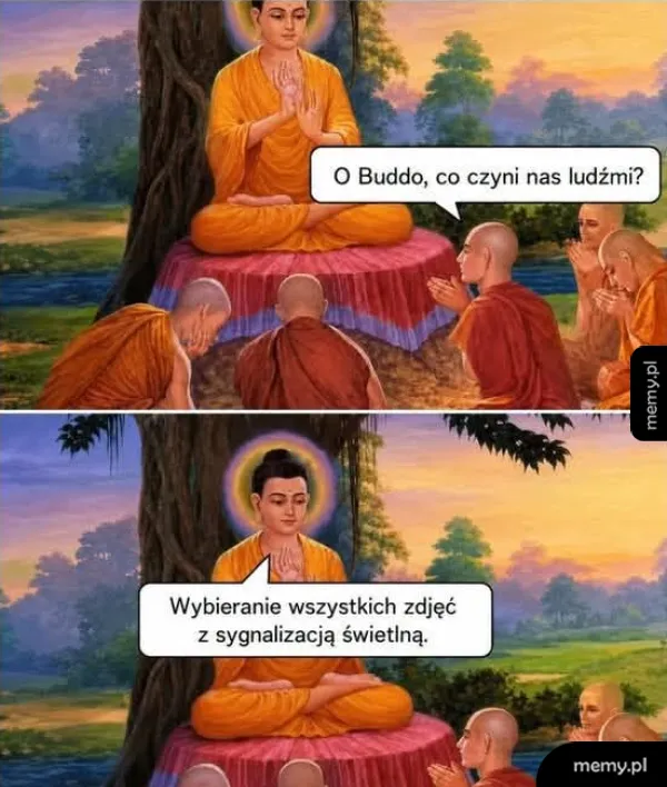 Postać Buddy siedząca na tle natury, otoczona mnichami.