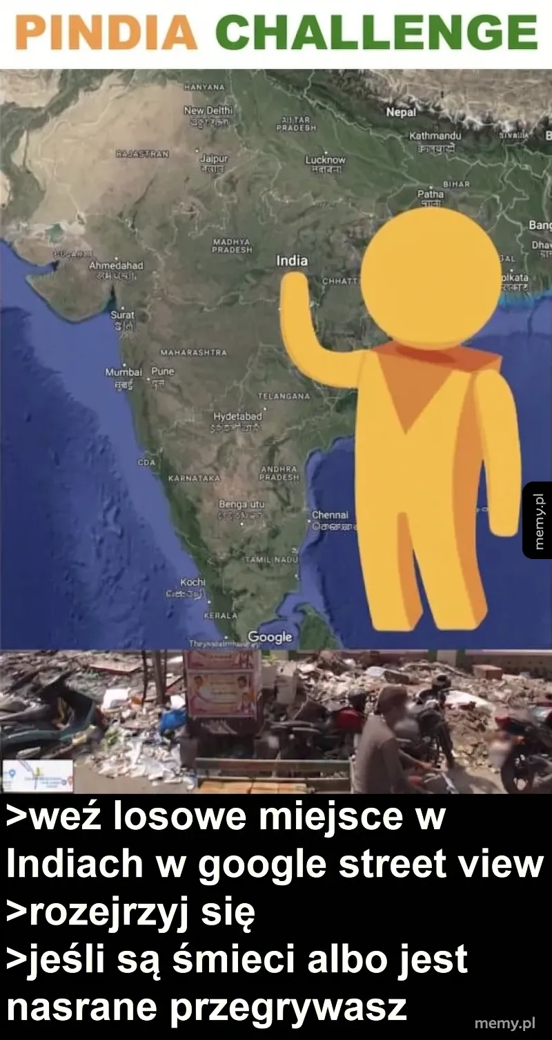Mapa Indii z postacią na tle, z tekstem na dole.