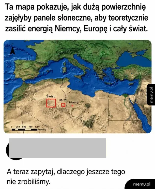 Mapa przedstawiająca obszar potrzebny na panele słoneczne w Europie.