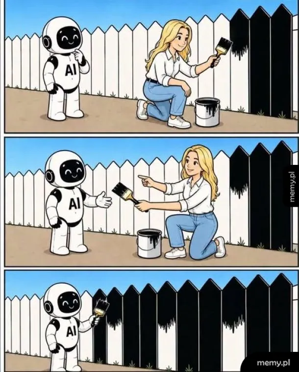 Kobieta malująca płot z pomocą robota.
