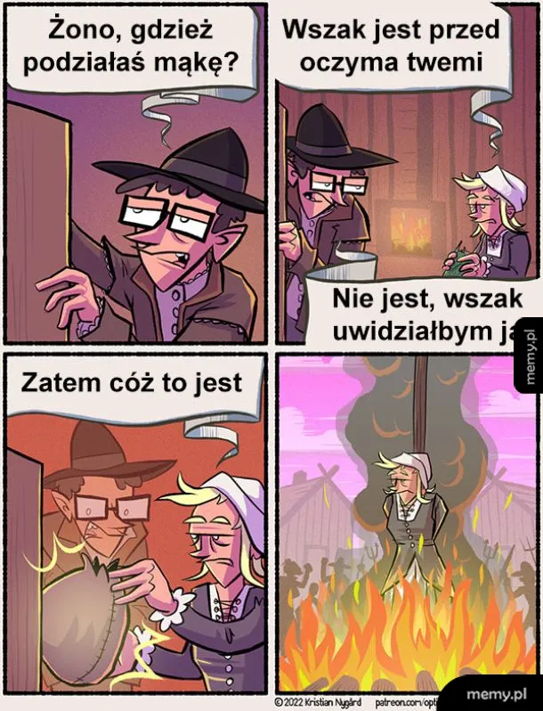 Mężczyzna pyta żonę o mąkę, a ona wskazuje na ogień.